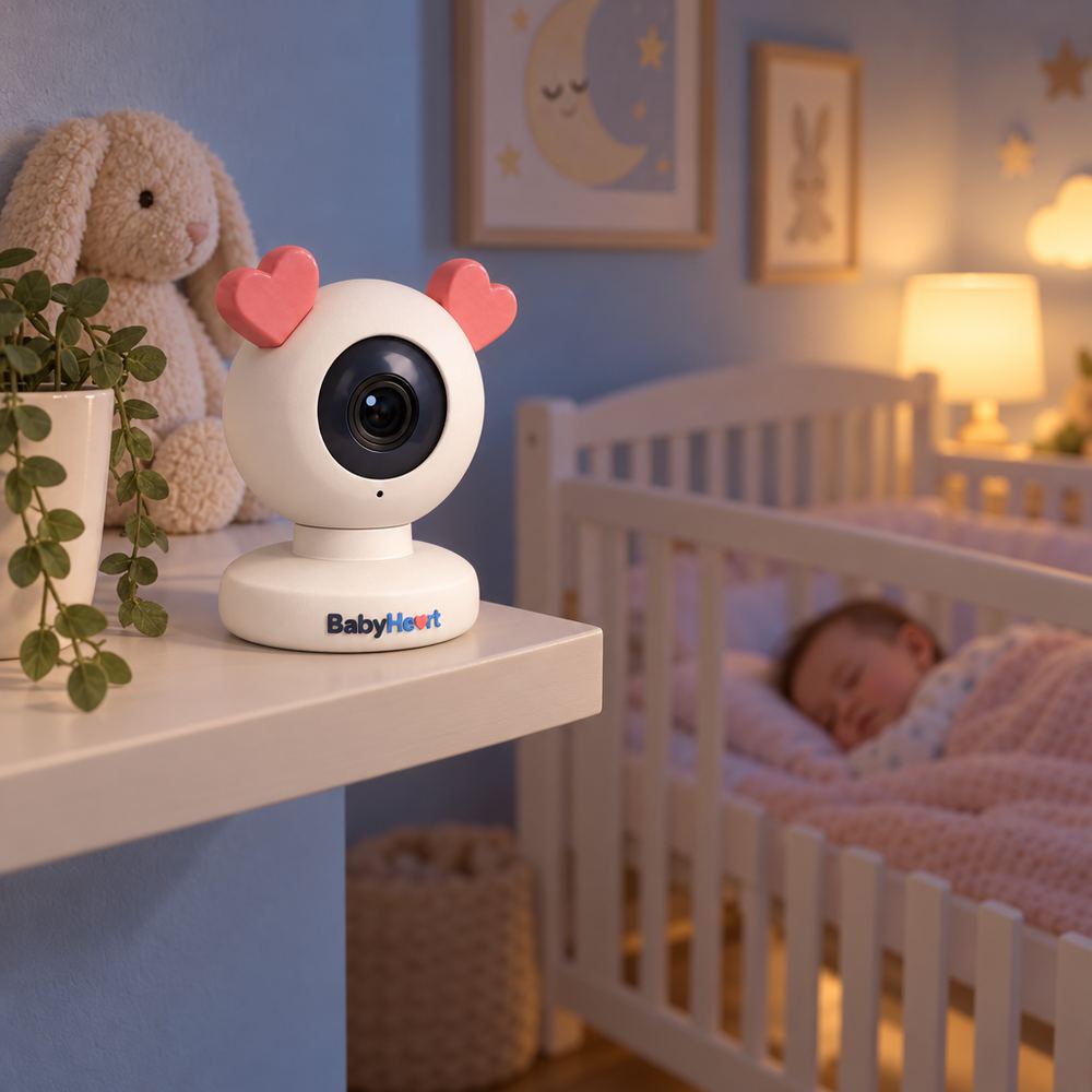 BabyHeart camera on a nursery shelf watching the crib