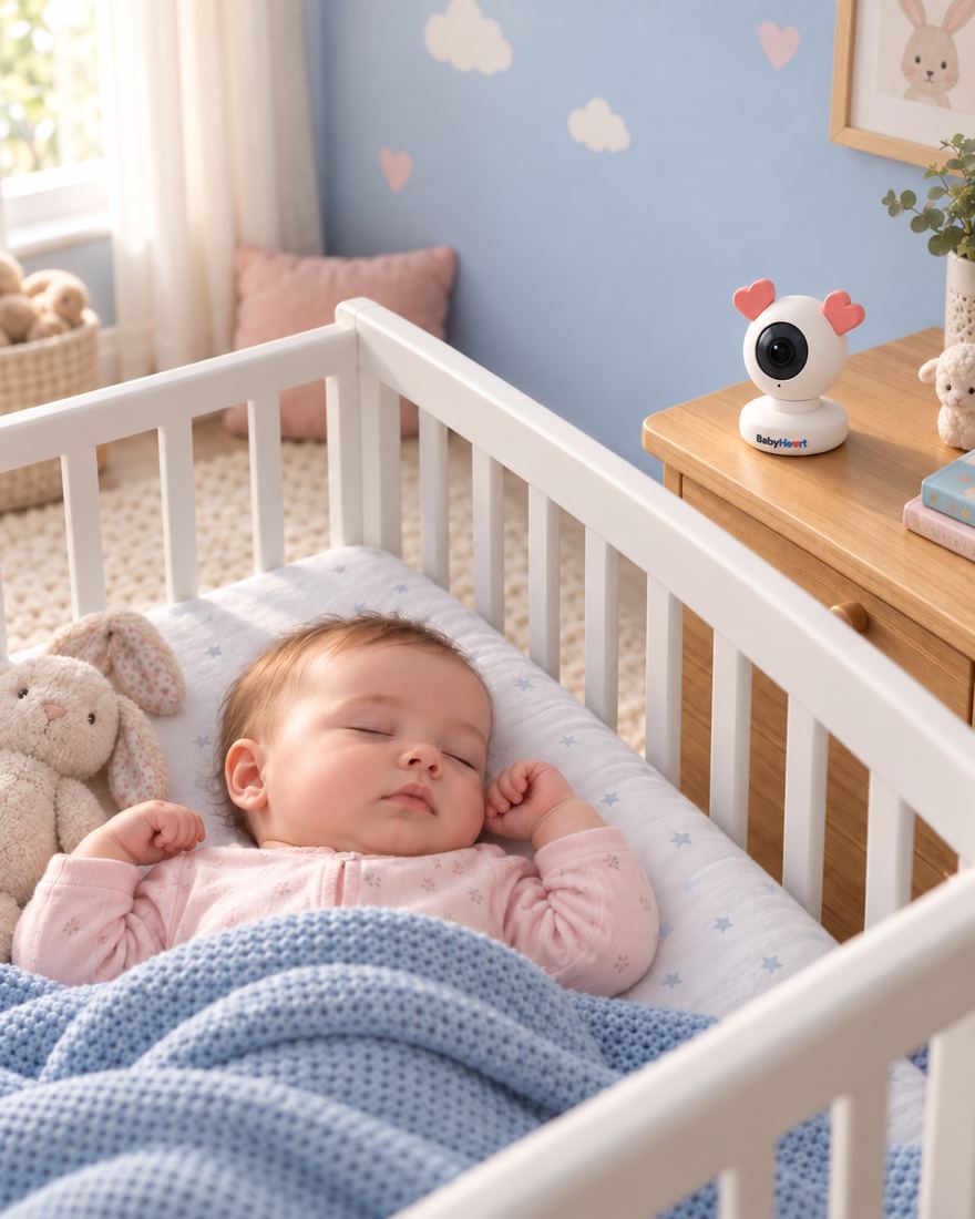 A baby sleeping peacefully in a crib in a pastel nursery, the BabyHeart camera on the wooden nightstand beside it
