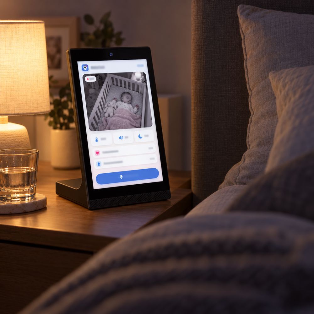 BabyHeart monitor on a nightstand showing the sleeping baby